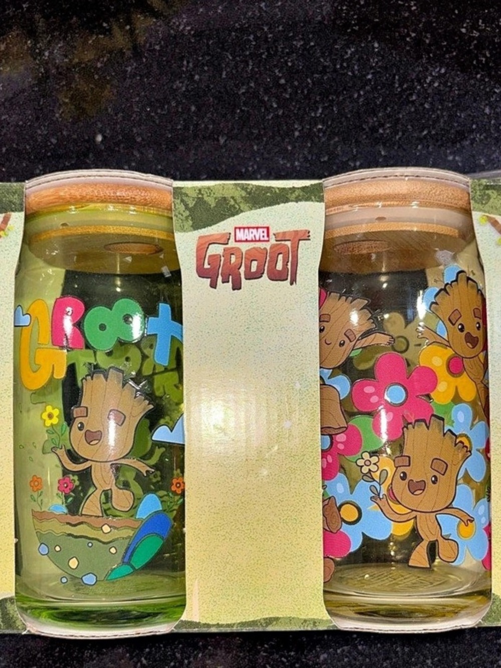 Marvel Groot Glass Tumbler with Bamboo Lid and Glass Straw Set Glass Tumbler Set